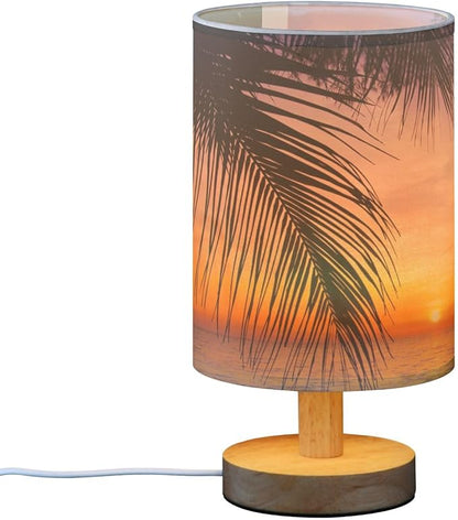 Table Lamp Sunset Ocean Palm Tree Tropical Summer Nightstand Lamp with Wood Base Fabric Lamp Shade Bedside Desk Lamp for Living Room Bedroom Kids Room Office