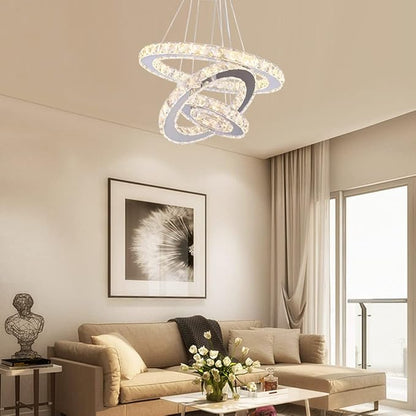 Modern Crystal Chandelier LED 3 Ring Chandeliers Stainless Steel Adjustable Pendant Light for Dining Room Living Room Bedroom Warm White