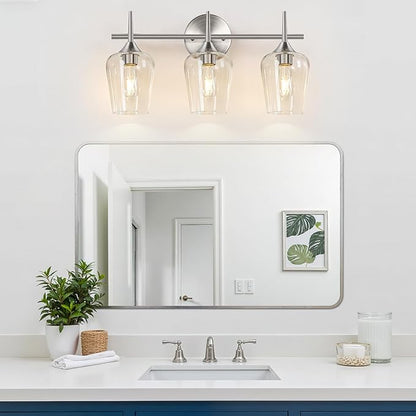 MOKATNG 3-Light Bathroom Light Fixtures, 19.5 in Brushed Nickle Vanity Lights for Bathroom with Clear Glass, Bathroom Lighting Fixtures Over Mirror, Modern Wall lamp for Cabinet Hallway