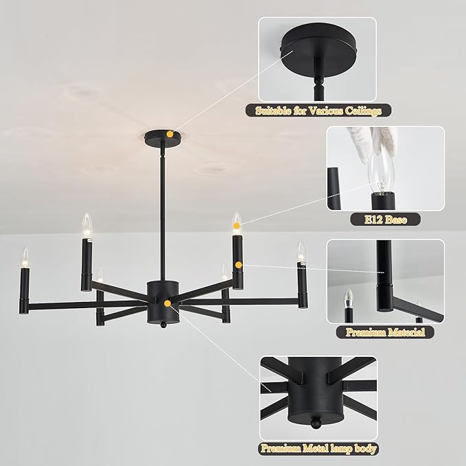 ASGYISA 6-Light Candle Chandeliers Modern Black Farmhouse Ceiling Light Fixture Industrial Pendant Lighting for Dining Room Living Room Bedroom Kitchen Island Foyer, 35inch, L-2201