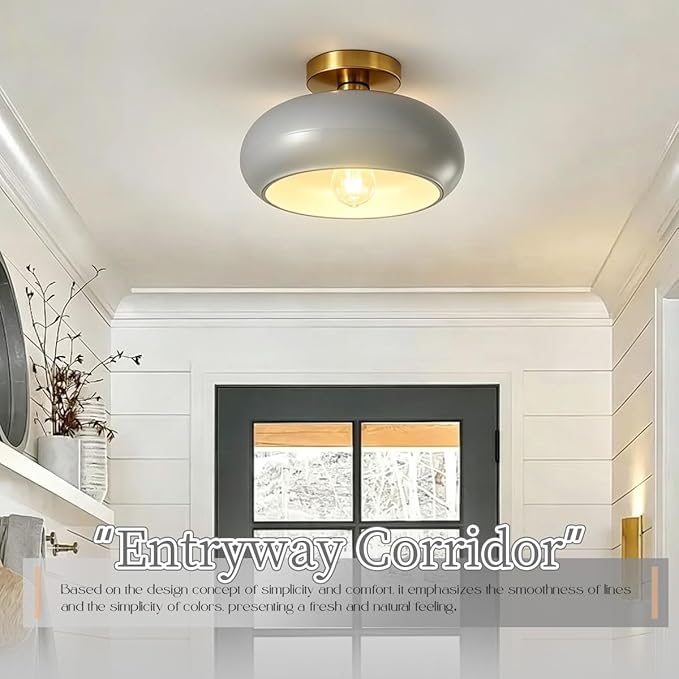 Mid Century Light Fixture Vintage Ceiling Light - Milk Glass Gray Shade Semi Flush Mount Ceiling Lights fixtures Gold Brass Flush Mount Lights for Entryway Foyer Hallway Hall Bedroom