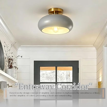 Mid Century Light Fixture Vintage Ceiling Light - Milk Glass Gray Shade Semi Flush Mount Ceiling Lights fixtures Gold Brass Flush Mount Lights for Entryway Foyer Hallway Hall Bedroom