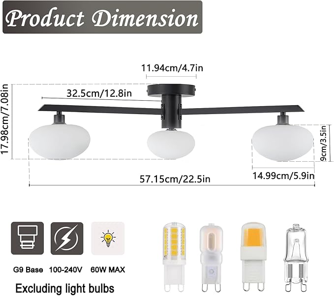 3-Light Mid Century Modern Ceiling Light 22.5" Black Semi Flush Mount Ceiling Light with Milk Glass Shade for Bedroom, Entryway, Hallway, Kitchen lsland, Dining Room & Living Room