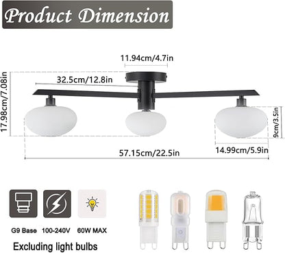 3-Light Mid Century Modern Ceiling Light 22.5" Black Semi Flush Mount Ceiling Light with Milk Glass Shade for Bedroom, Entryway, Hallway, Kitchen lsland, Dining Room & Living Room