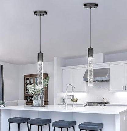 HAIXIANG Set of 2 Pendant Lights for Kitchen Island, White Light, Black Crystal Linear Pendant Lighting, Bar Corner LED Light Fixture