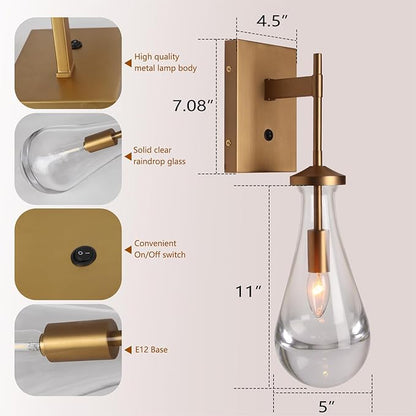 HuisMier Raindrop Wall Sconces, Brushed Brass Glass Wall Sconce with On Off Switch, Modern Wall Light Fixtures Bathroom Wall Lamp for Bedroom Living Room Vanity Hallway