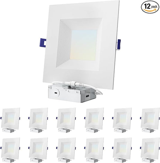 12 Pack 6 Inch Square Ultra-Thin Led Recessed Lighting,Recessed Led Downlight with Junction Box,5CCT 2700K-5000K Dimmable,with Baffle Anti-Glare,11W 900LM,ETL & ES