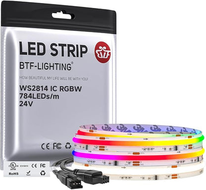 BTF-LIGHTING FCOB COB LED Strip Light, WS2814 Smart IC RGBW 4000K Color Chasing Light, UL Listed DC24V 9.8FT 784LEDs/m High Density 10mm Width for Home Party DIY Decor(No Adapter or Controller)
