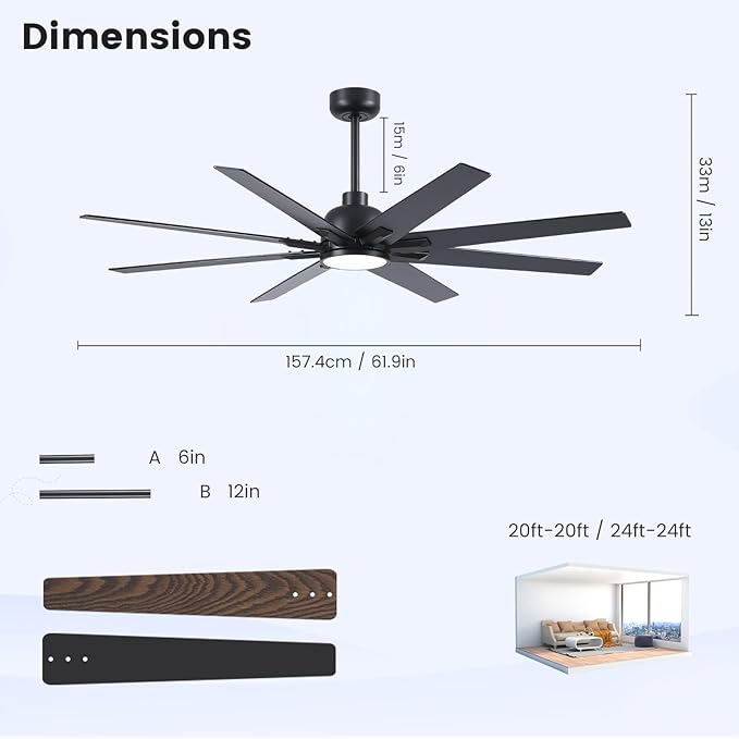 Newday 62 inch Large Ceiling Fans with Lights and Remote, Indoor/Outdoor Black Modern Ceiling Fan for Kitchen Living Room Patio, 6 Speed Reversible Quiet DC Motor, 3 CCT, Dual Finish 8 Blades