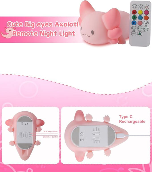 ZKLiLi Night Light for Kids Lamp, 16 Colors Lamp Cute, Dimmable Baby Night Lights for Nursery,Silicone Rechargeable Nightlight for Kids Room, Kawaii Room Decor (Axolotl-Remote)