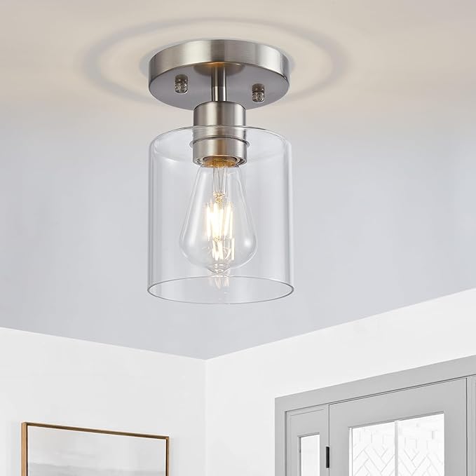 1 Light Semi Flush Mount Ceiling Light, Brushed Nickel Ceiling Light Fixtures, Modern Light Fixtures Ceiling Mount, Ceiling Lights with Glass Shade for Hallway Kitchen Foyer Porch Bedroom-1pack