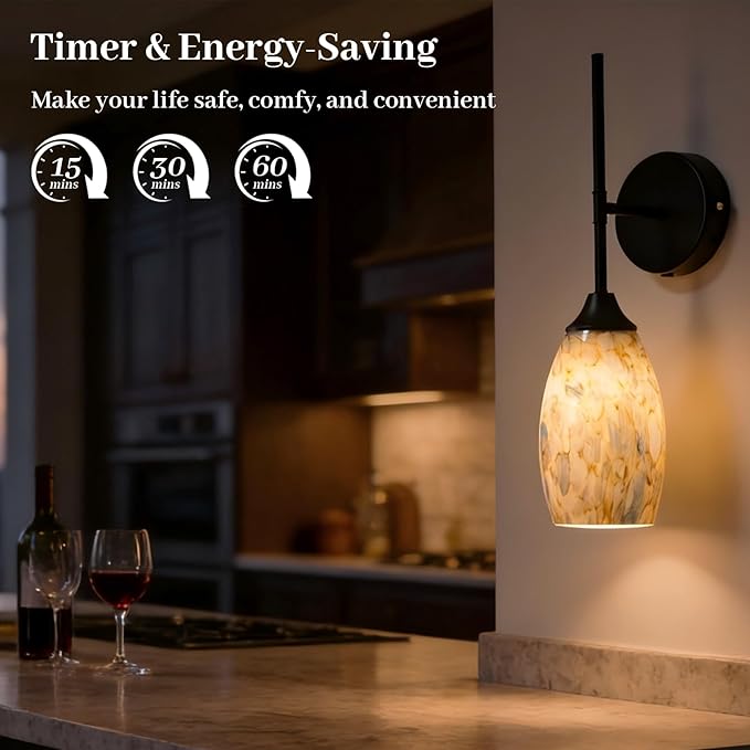 Wireless Battery Operated Wall Sconce Set Of 2，Rechargeable Wall Lights with Remote Control, Dimmable 3000K–6000K, Wireless Wall Sconces With Industrial Hand-Blown Art Glass for Bedroom Living Room