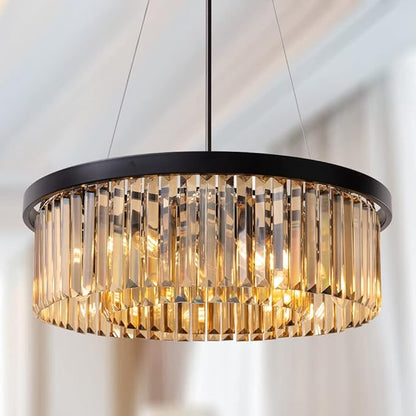Wellmet Crystal Chandeliers for Dining Room Light Fixture, 6 Lights Farmhouse Chandelier, Modern Pendant Lights for Living Room, Kitchen Island, Bedroom, entryway, Hallway, Gold Teak, W-21.66”