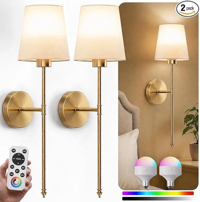 IRONPAX Wall Sconces Battery Operated Set of 2, Wireless Rechargeable Wall Sconce Set of Two, Dimmable Wall Lights with Remote for Bedroom Living Room Hallway Decor (Gold, Fabric Shade)