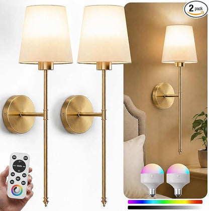 IRONPAX Wall Sconces Battery Operated Set of 2, Wireless Rechargeable Wall Sconce Set of Two, Dimmable Wall Lights with Remote for Bedroom Living Room Hallway Decor (Gold, Fabric Shade)
