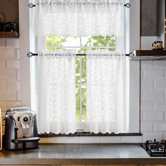ALIGOGO 3 Piece Lace Kitchen Curtains and Valances Set 36 Inches Length, Country Short White Sheer Kitchen Curtains for Small Window, 70s Cafe Curtain with Valance Bathroom,52" x 36" White