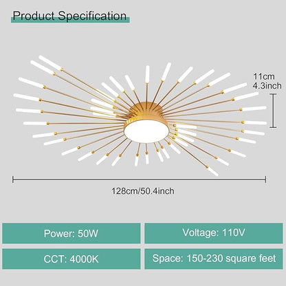ziidoo Modern Ceiling Light, 42+1 Lights Metal Firework Designed Chic Led Lighting Fixture for Farmhouse Kitchen Dining Room Bedroom Hallway Living Room (Gold and Dark Gold)