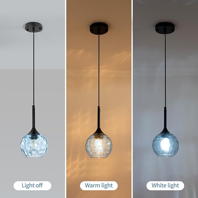 Glass Pendant Lights Kitchen Island: 5.91'' 1-Light Blue Hammered Glass Pendant Light with Black Finish - Modern Minimalist Hanging Light Fixture for Kitchen Sink Dining Room Bedroom- E26 Base
