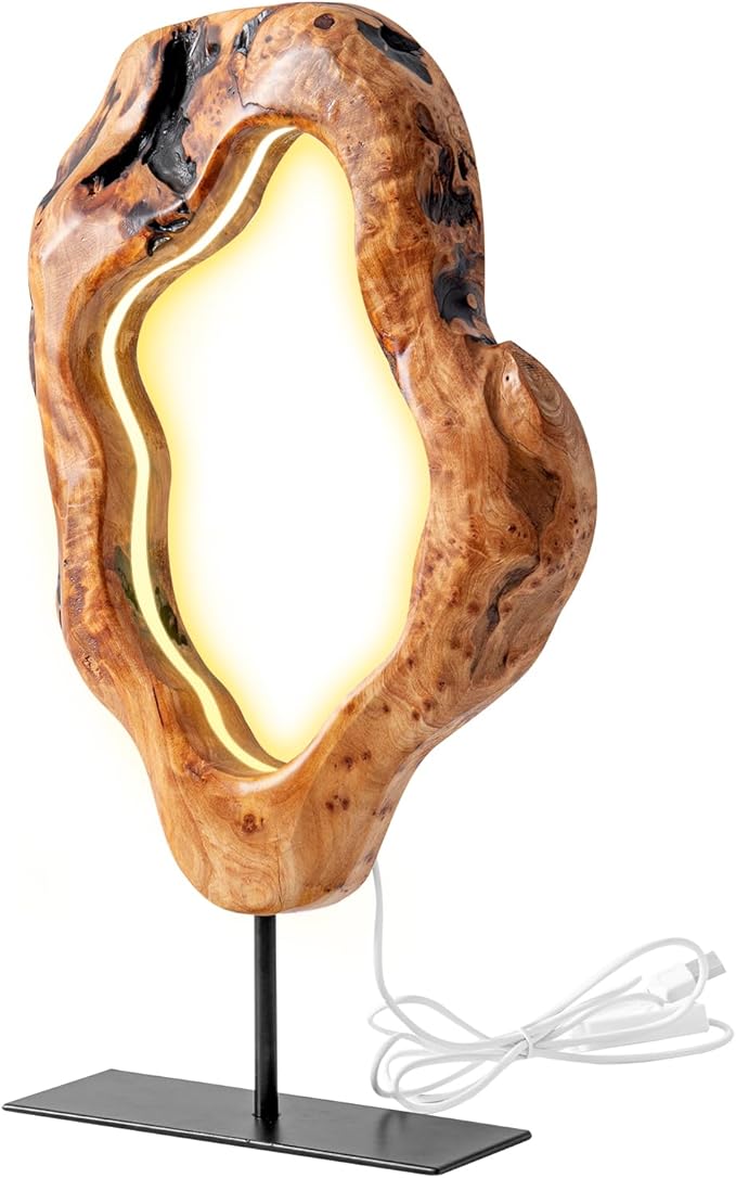LAPTAIN LED Wood Table Lamp, Irregular Bedside Lamp with Dimmable, Creative Home Decor Table Lamp, Bedside Night Light for Bedroom, Living Room, Large