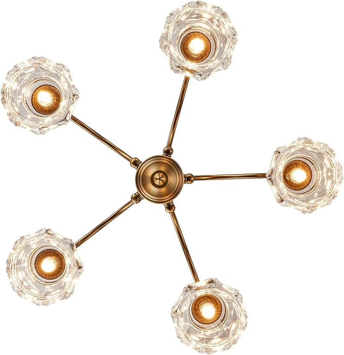 Vintage 5 Lights Gold Glass Pendant Lighting Rustic Style Chandelier Matte Brushed Antique Brass Finish with Crystal Glass Shade for Kitchen Island