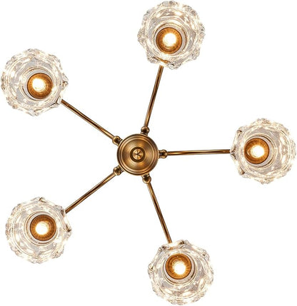 Vintage 5 Lights Gold Glass Pendant Lighting Rustic Style Chandelier Matte Brushed Antique Brass Finish with Crystal Glass Shade for Kitchen Island