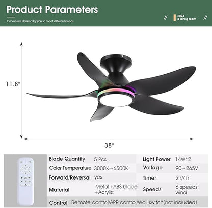 Kviflon Ceiling Fans with Lights Remote/APP Control, 38" Low Profile Ceiling Fans with Dimmable White Colors+ RGB Ring Lights, 6 Speeds 5 Reversible Blades for Kids Room Bedroom Living Room, Black
