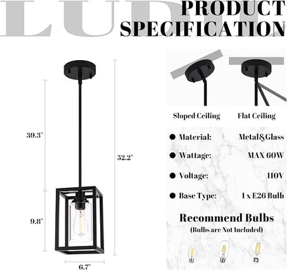 Matte Black Farmhouse Pendant Light Fixtures, Industrial Kitchen Island Light, Rectangle Linear Metal Hanging Lighting Fixture Ceiling Mount with Clear Glass Shade E26 Base for Dining Room, 2 Pack