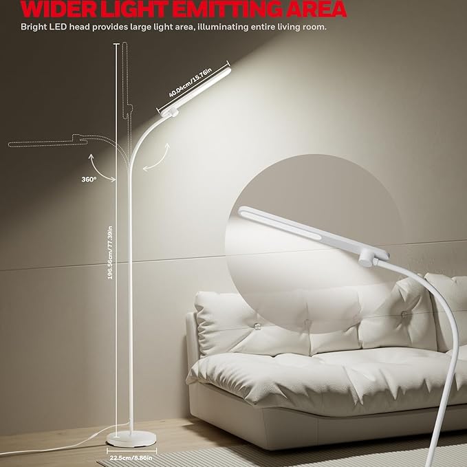 Honeywell LED Floor Lamp for Reading, CRI97 Full Spectrum Eye-Caring Task Lamp, Stepless Dimmable 3000K-5000K Standing Lamp with Flexible Gooseneck, 77.5" Tall for Living Room, Bedroom, Office