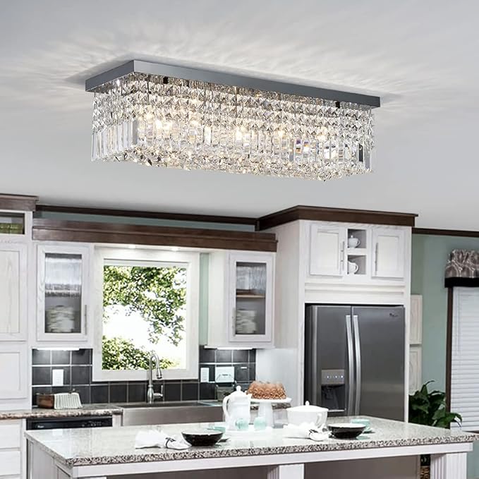 Saint Mossi 22010 5-Lights Modern K9 Crystal Chandelier, Island Design, Flush Mount Ceiling Light, H9 x W10 x L31, Clear Crystal & Pearl Black Finish