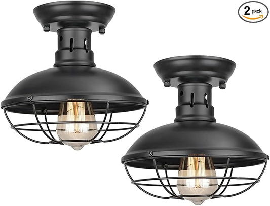 2 Pack Farmhouse Flush Mount Ceiling Light - Easric Industrial Ceiling Light Fixture Rustic Black Metal Cage Close to Ceiling Lamp E26 Base for Hallway Foyer Kitchen Porch