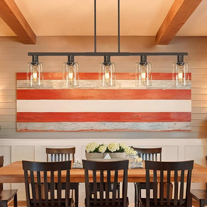 5-Light Kitchen Island Light, Black Dining Room Light Fixture Over Table, Farmhouse Linear Pendant Lights Kitchen Island with Glass Shade, Chandeliers for Pool Table, Sink, Bar, Height Adjustable