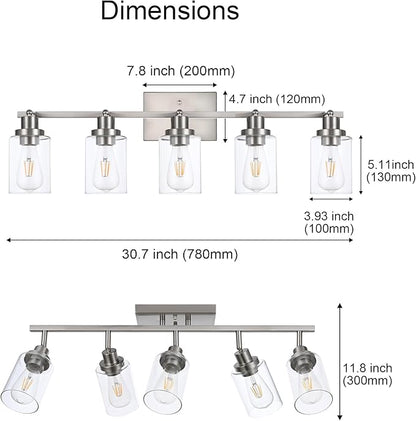 5 Light Multi-Directional Track Lighting Kit Brushed Nickel Kitchen Track Lighting Fixtures Ceiling Vanity Light Fixture with Clear Glass, Modern Rotatable E26 Spotlight for Kitchen Bathroom Hallway