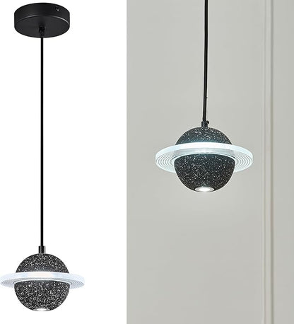 Modern LED Pendant Light Fixtures,Concrete Pendant Lights Kitchen Island, Planet Pendant Lighting Adjustable for Dining Living Room Bedroom Kitchen Island(Black 1-Pack)
