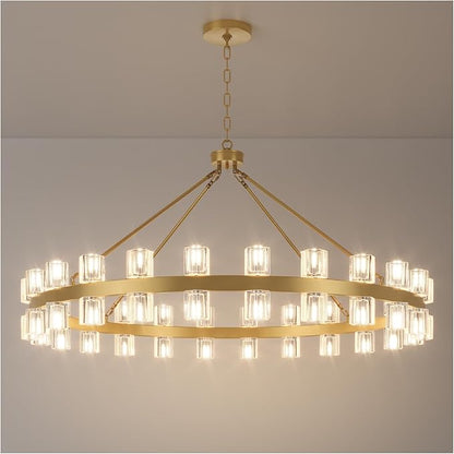 48 Inch Gold Wagon Wheel Chandelier with Crystal Shade, 48 Lights, Modern Farmhouse Style, Ideal for Dining Room, Kitchen, Entryways