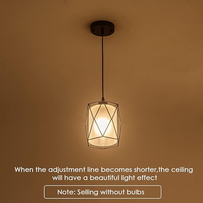 Over Sink Pendant Light with Frosted Glass Black Cage Industrial Hanging Lighting Adjustable Cord for Kitchen Island Dining Table