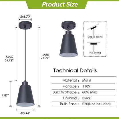 Black Pendant Light Kitchen Island Pendant Lighting with 5.94in Metal Shade Modern Hanging Light for Kitchen Small Pendant Light Fixture for Christmas Gift,Dining Room,Bar, Adjustable Cord