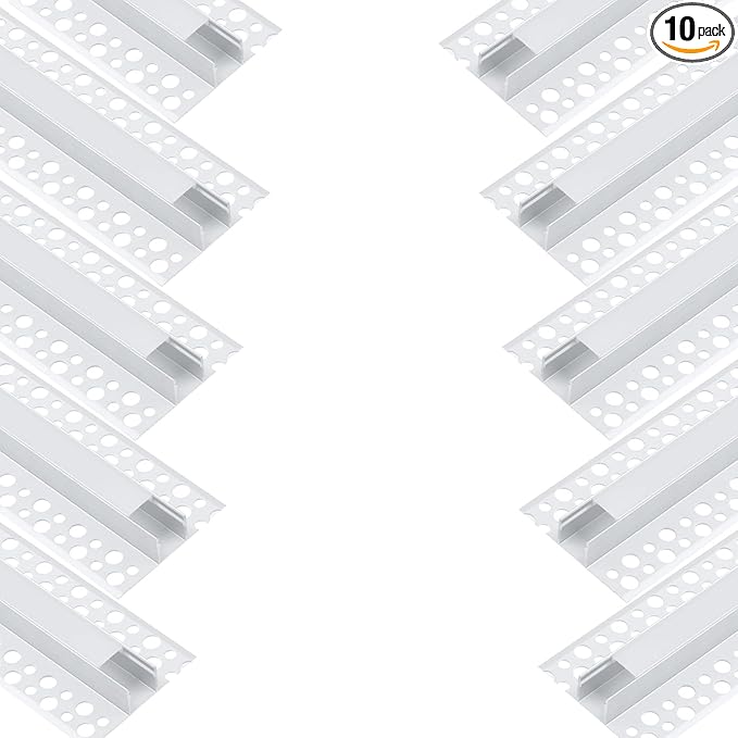 10Pack 6.6FT/2 Meter Plaster-in trimless recessed LED Aluminum Channel with Flange for LED Strip and Clip-in Diffuser, Tape Light Track LED Profile for Strip Lighting Applications