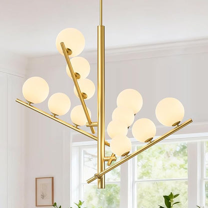 CATINER 12 Lights Gold Sputnik Chandeliers L36”Mid Century Ceiling Pendant Lighting with Milk Glass Globe Shades Modern Chandelier for High Ceiling Foyer Living Room Dining Room