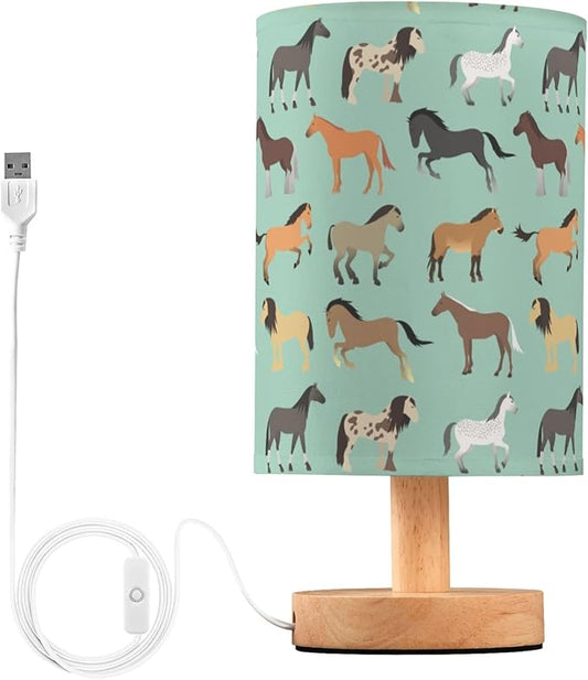 Horse Pattern on Blue Table Lamp with Wood Base Fabric Lamp Shade Bedside Nightstand Desk Lamp for Living Room Bedroom Kids Room Office