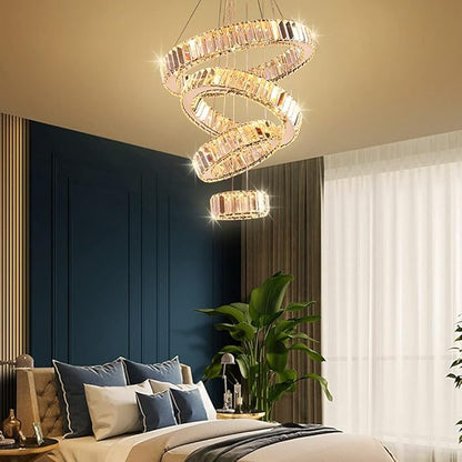 Modern Crystal Chandelier 4 Rings LED Pendant Light Adjustable High Chandeliers Ceiling Light for Bedroom Living Room Dining Room Warm White