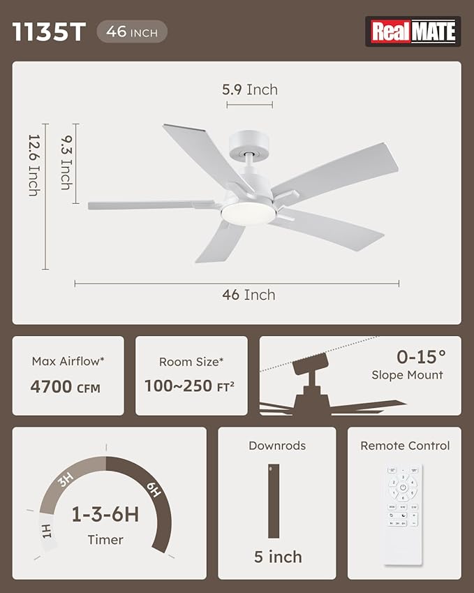 46 Inch Ceiling Fans with Lights and Remote, White Ceiling Fan, Downrod Style with 5 Blades, Modern Design For Indoor Bedroom Living Room/Outdoor, 6 Speed Reversible DC Motor, 3CCT Dimmable LED