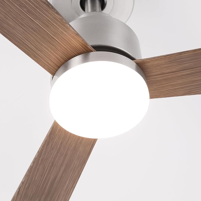 52" Nickel Ceiling Fan with Light and Remote, Modern 3-Blade DC Motor Ceiling Fan, Quiet Reversible Airflow, 6-Speed LED, Use for Bedroom Living Room Kitchen Indoor Use