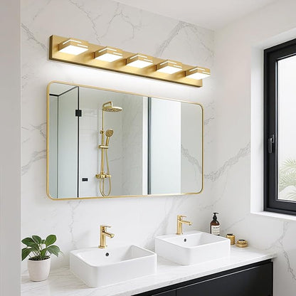 LED Modern Bathroom Vanity Light Fixtures, 5-Light 34-inch Dimmable Gold Vanity Lights for Bathroom Lighting Fixtures Over Mirror, with 360° Rotatable Heads (Cool White 6000K)