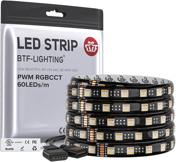 BTF-LIGHTING RGBCCT 5 Colors in 1 LED 5050SMD RGBWW RGB+Dimmable Tunable Color Temperature UL Listed 2700K-6500K 16.4ft 60LED/m 300LED DC24V Multi-Colored IP65 for Decoration(No Adapter or Controller)