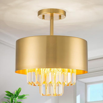 LumFurn 3-Light Luxury K9 Crystal Ceiling Light for Living Room, Foyer, Bedroom, Close to Ceiling Semi-Flushmount Light Fixture, Brass Finish Metal Lampshade & Champagne Crystal Pendant