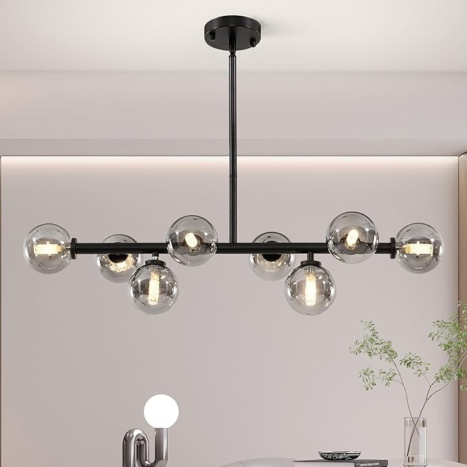 Grey Linear Chandelier, Modern Sputnik Ceiling Fixture with Adjustable Height & Dimmable Glass Shades for Dining Room, Office, Mid-Century Design