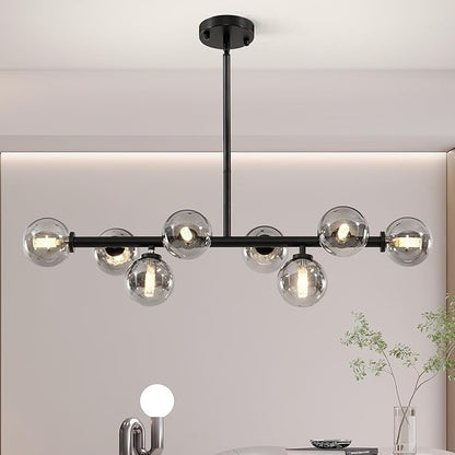 Grey Linear Chandelier, Modern Sputnik Ceiling Fixture with Adjustable Height & Dimmable Glass Shades for Dining Room, Office, Mid-Century Design