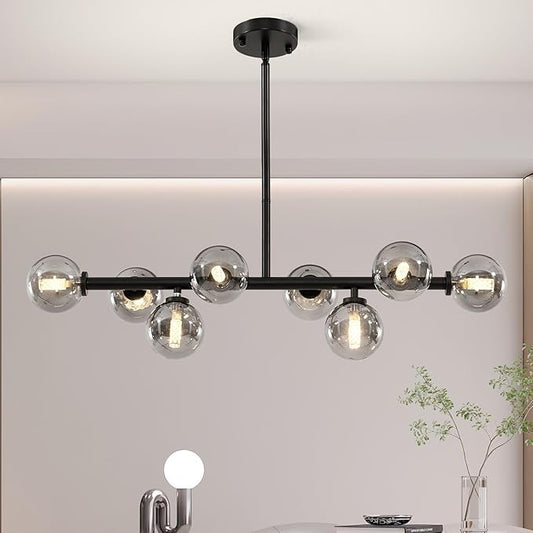 Grey Linear Chandelier, Modern Sputnik Ceiling Fixture with Adjustable Height & Dimmable Glass Shades for Dining Room, Office, Mid-Century Design