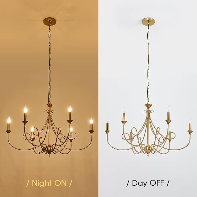 6-Light Modern Chandelier 36.6" Brass Candle Chandeliers Metal Gold Pendant Light Fixture for Dining Room Living Room Kitchen Island Foyer Entryway, E12 Base