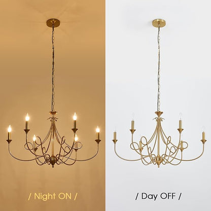 6-Light Modern Chandelier 36.6" Brass Candle Chandeliers Metal Gold Pendant Light Fixture for Dining Room Living Room Kitchen Island Foyer Entryway, E12 Base